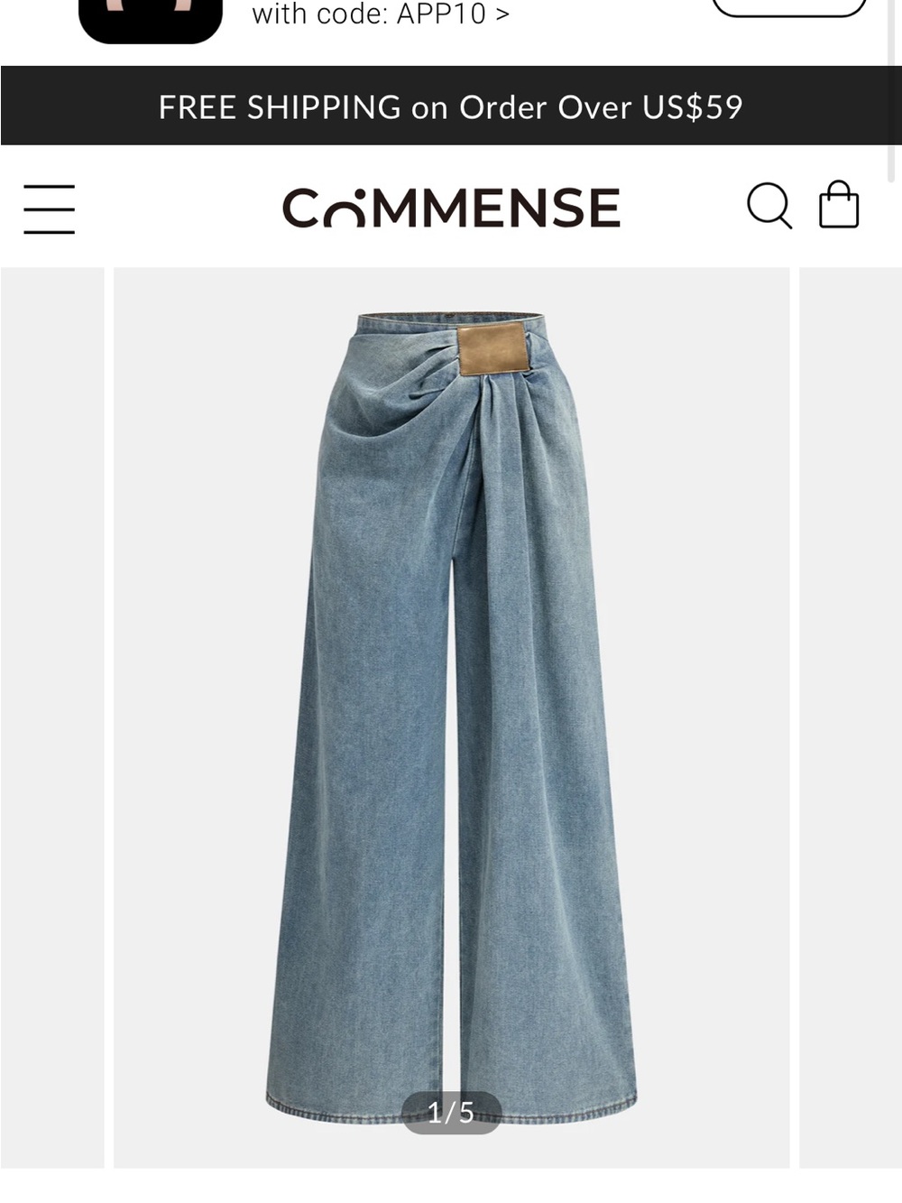 Commense Blue Wide-Leg Draped Denim Pants with Tan Patch